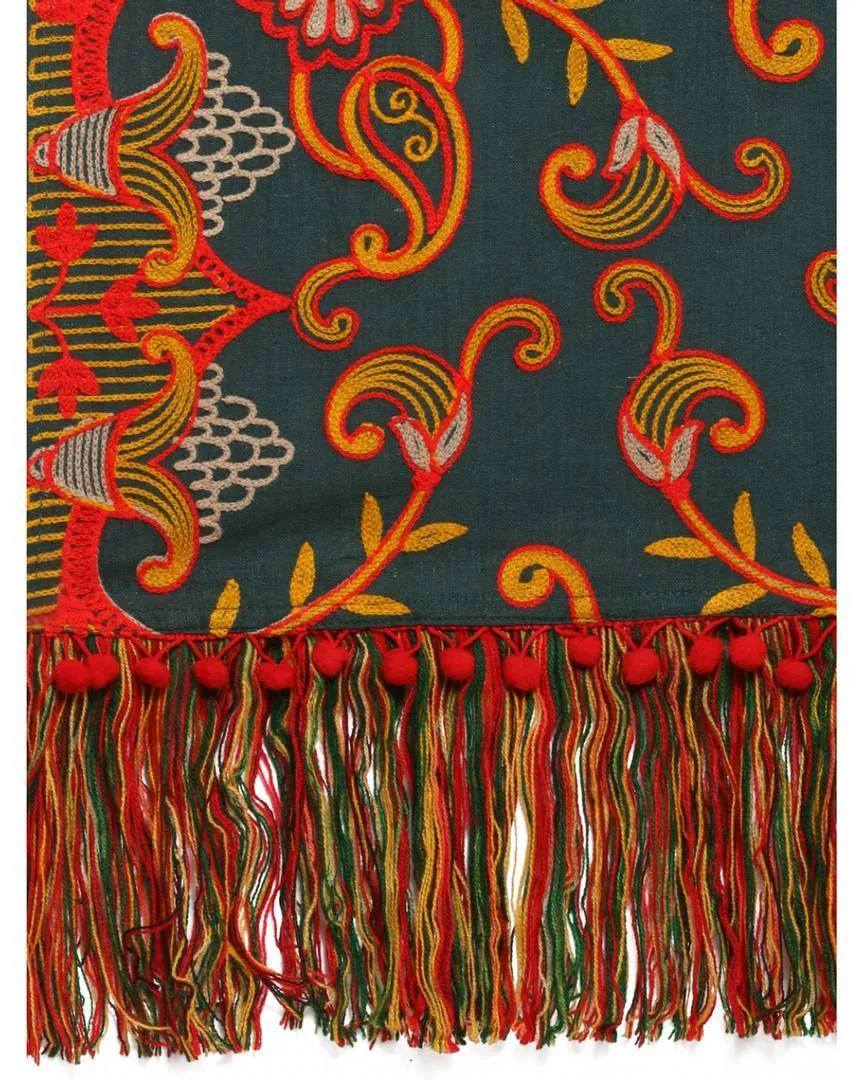 100% woollen Khadi Deep green Embroidered Scarf