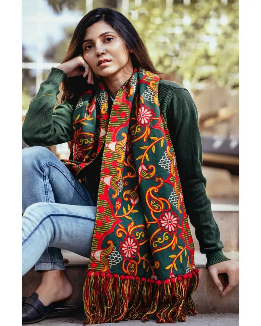 100% woollen Khadi Deep green Embroidered Scarf