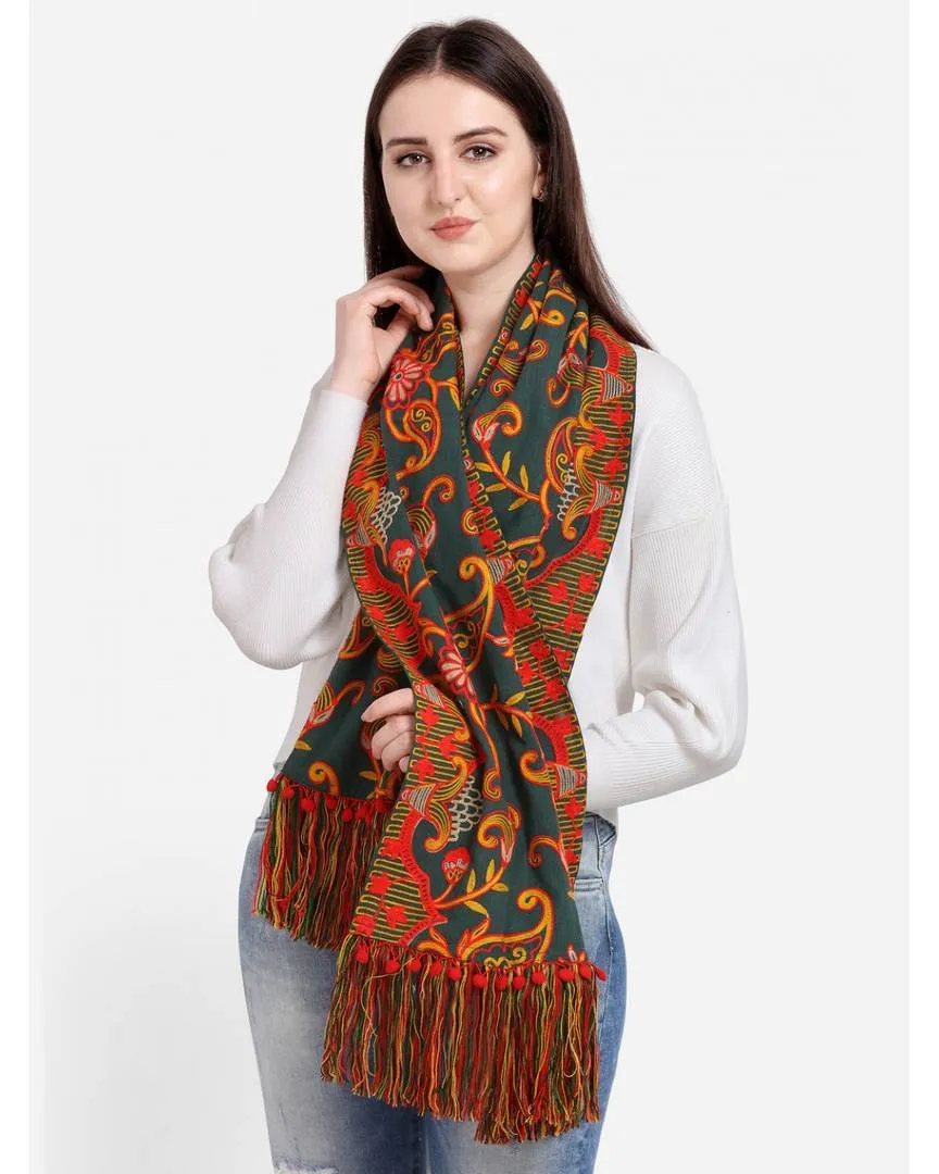 100% woollen Khadi Deep green Embroidered Scarf