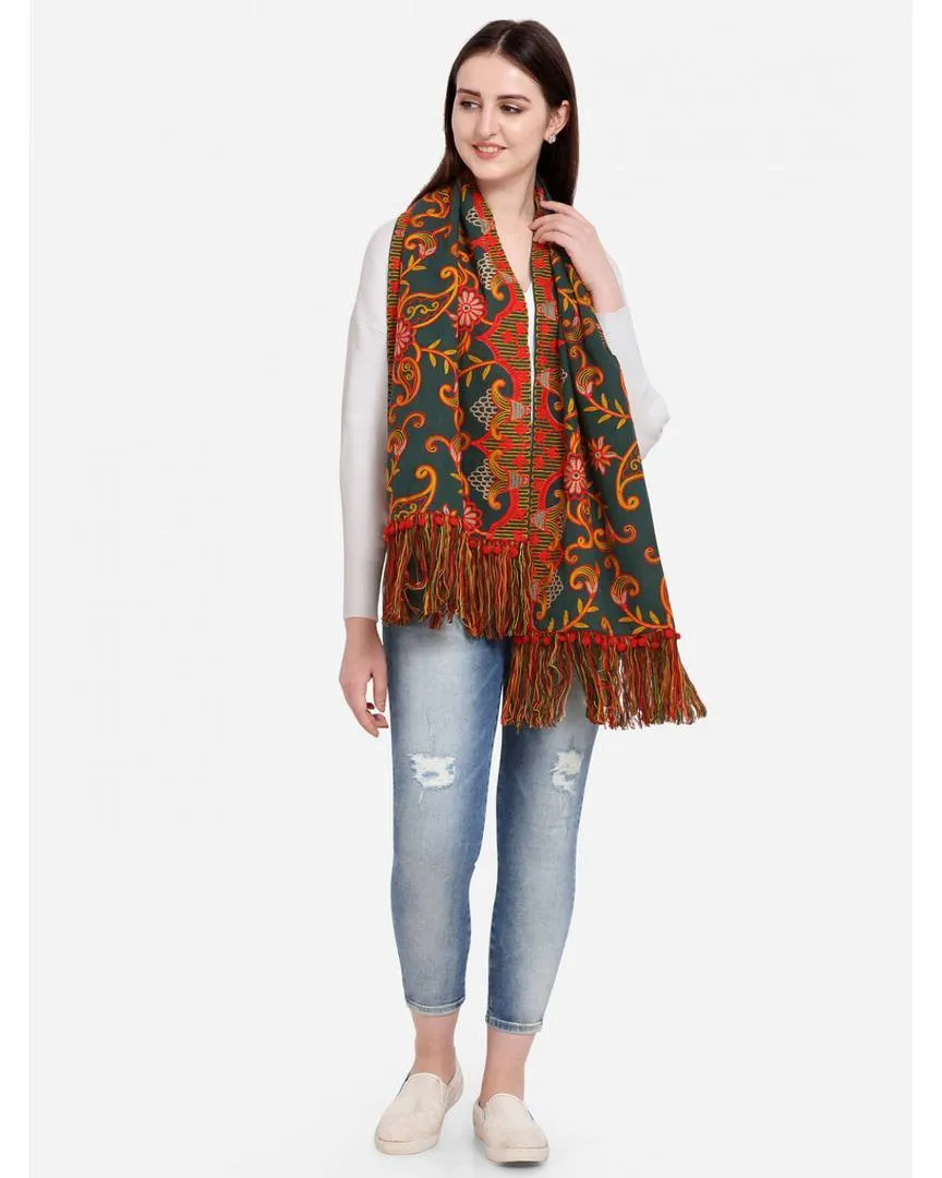 100% woollen Khadi Deep green Embroidered Scarf