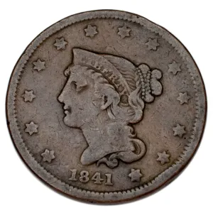 1841 Braided Hair Large Cent 1C Penny (Very Good, VG Condition)