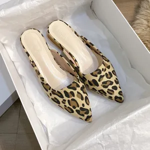 2024 Summer New Women's Fashion Slippers Pointy Leopard Print Design Light and Thin Low Heel Black Design Casual Shoes