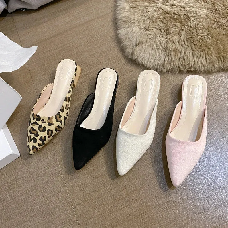 2024 Summer New Women's Fashion Slippers Pointy Leopard Print Design Light and Thin Low Heel Black Design Casual Shoes