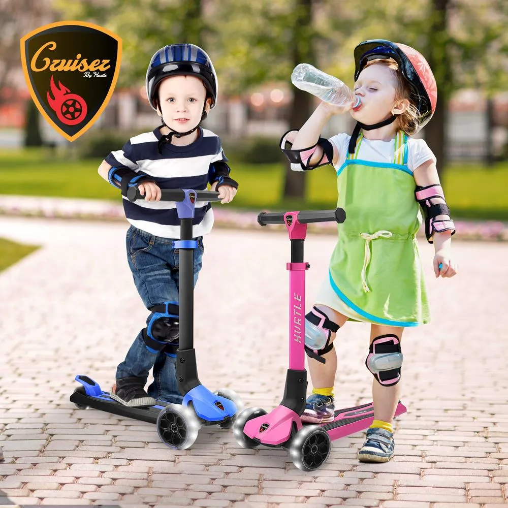 3-Wheel Foldable Kids Scooter - Child Toy Scooter With Built-In Led Wheel Lights, Easy Maneuvering Lean-To-Steer Technology (Blue)
