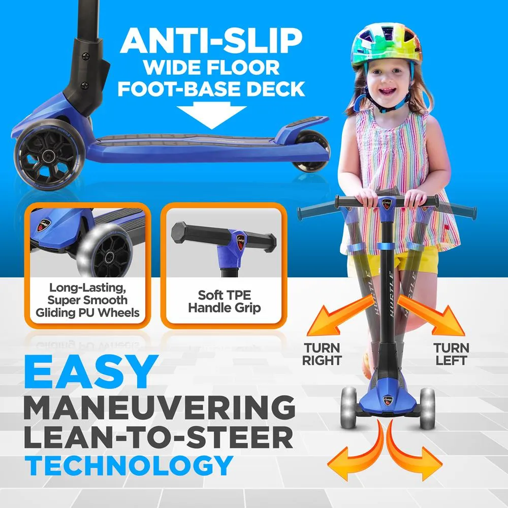 3-Wheel Foldable Kids Scooter - Child Toy Scooter With Built-In Led Wheel Lights, Easy Maneuvering Lean-To-Steer Technology (Blue)