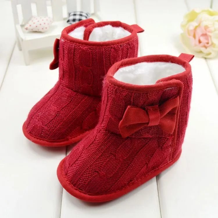 Baby Girl Boy Snow Boots Knit Bowknot Faux Fleece Soft Sole Kids Woolen Yam Knit Fur 3-18 Months