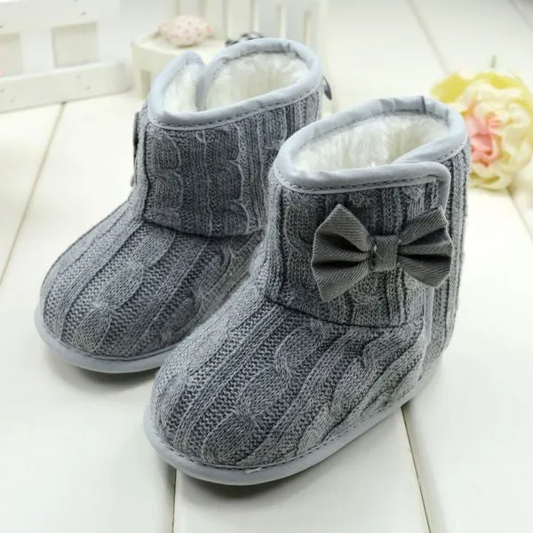 Baby Girl Boy Snow Boots Knit Bowknot Faux Fleece Soft Sole Kids Woolen Yam Knit Fur 3-18 Months