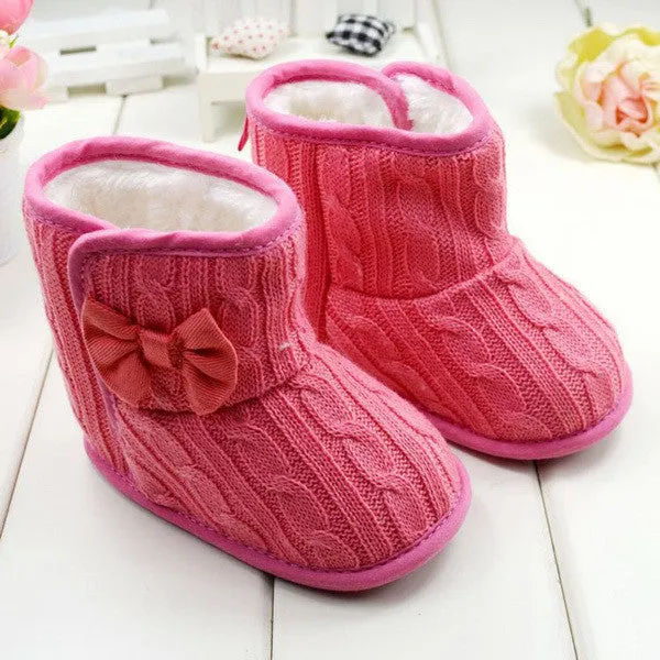 Baby Girl Boy Snow Boots Knit Bowknot Faux Fleece Soft Sole Kids Woolen Yam Knit Fur 3-18 Months