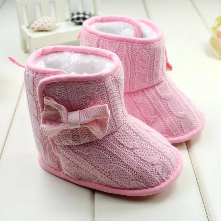 Baby Girl Boy Snow Boots Knit Bowknot Faux Fleece Soft Sole Kids Woolen Yam Knit Fur 3-18 Months