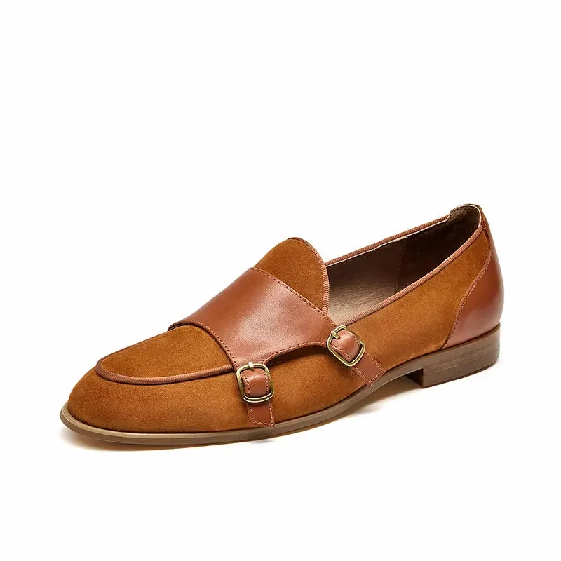 BeauToday Loafers Women Genuine Cow Leather Kid Suede Buckle Straps Round Toe Slip On Monks Ladies Flat Shoes Handmade 27224