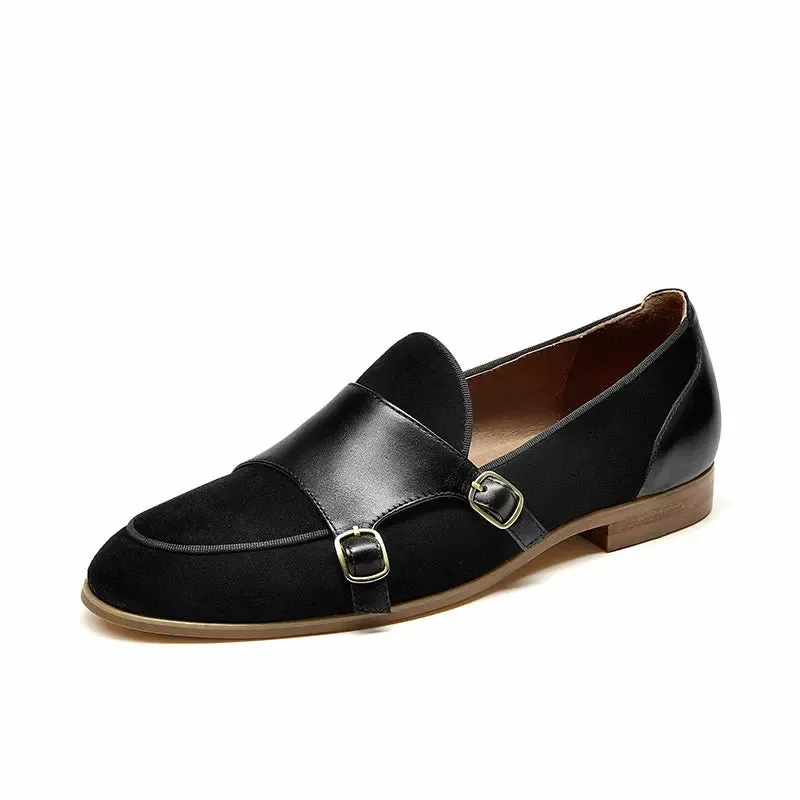 BeauToday Loafers Women Genuine Cow Leather Kid Suede Buckle Straps Round Toe Slip On Monks Ladies Flat Shoes Handmade 27224