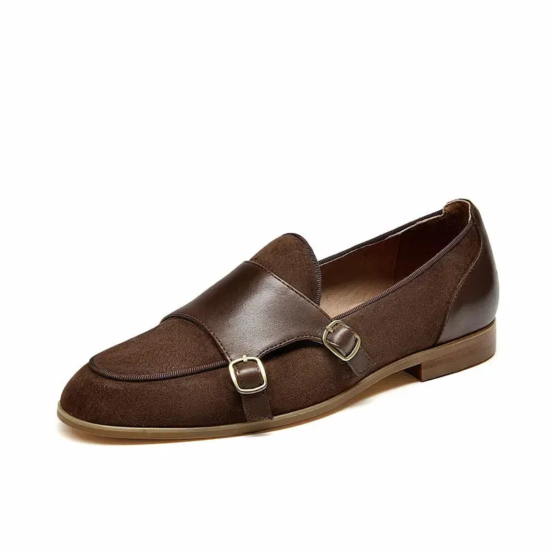 BeauToday Loafers Women Genuine Cow Leather Kid Suede Buckle Straps Round Toe Slip On Monks Ladies Flat Shoes Handmade 27224