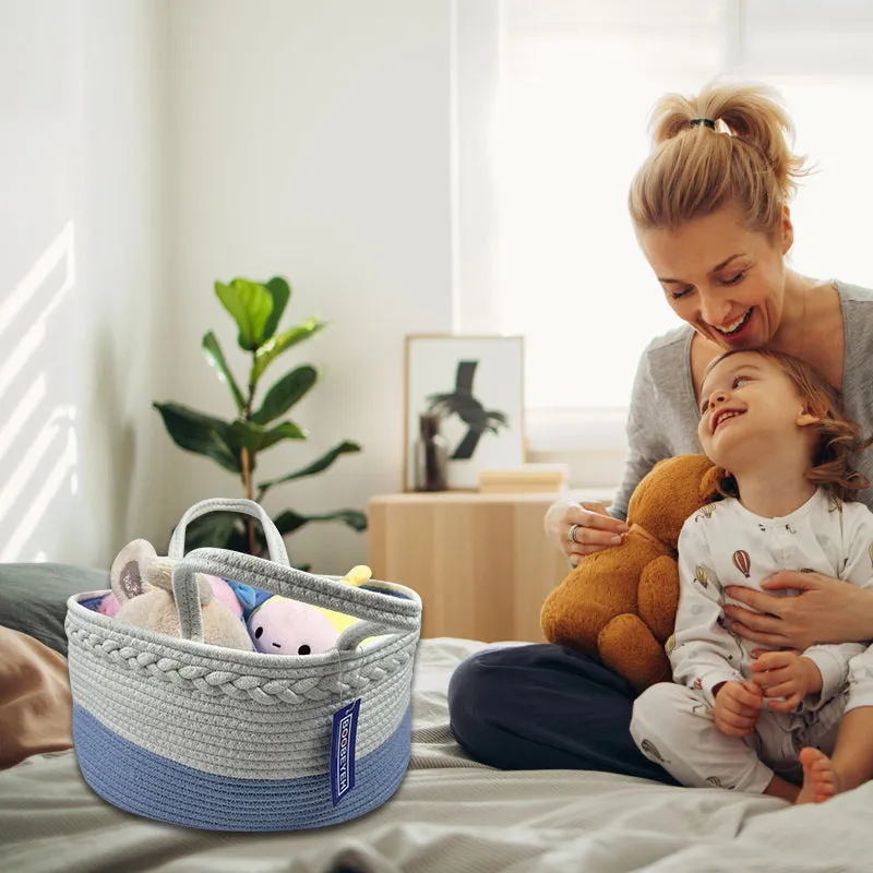Boobeyeh light blue & white cotton rope kids' toy storage basket.