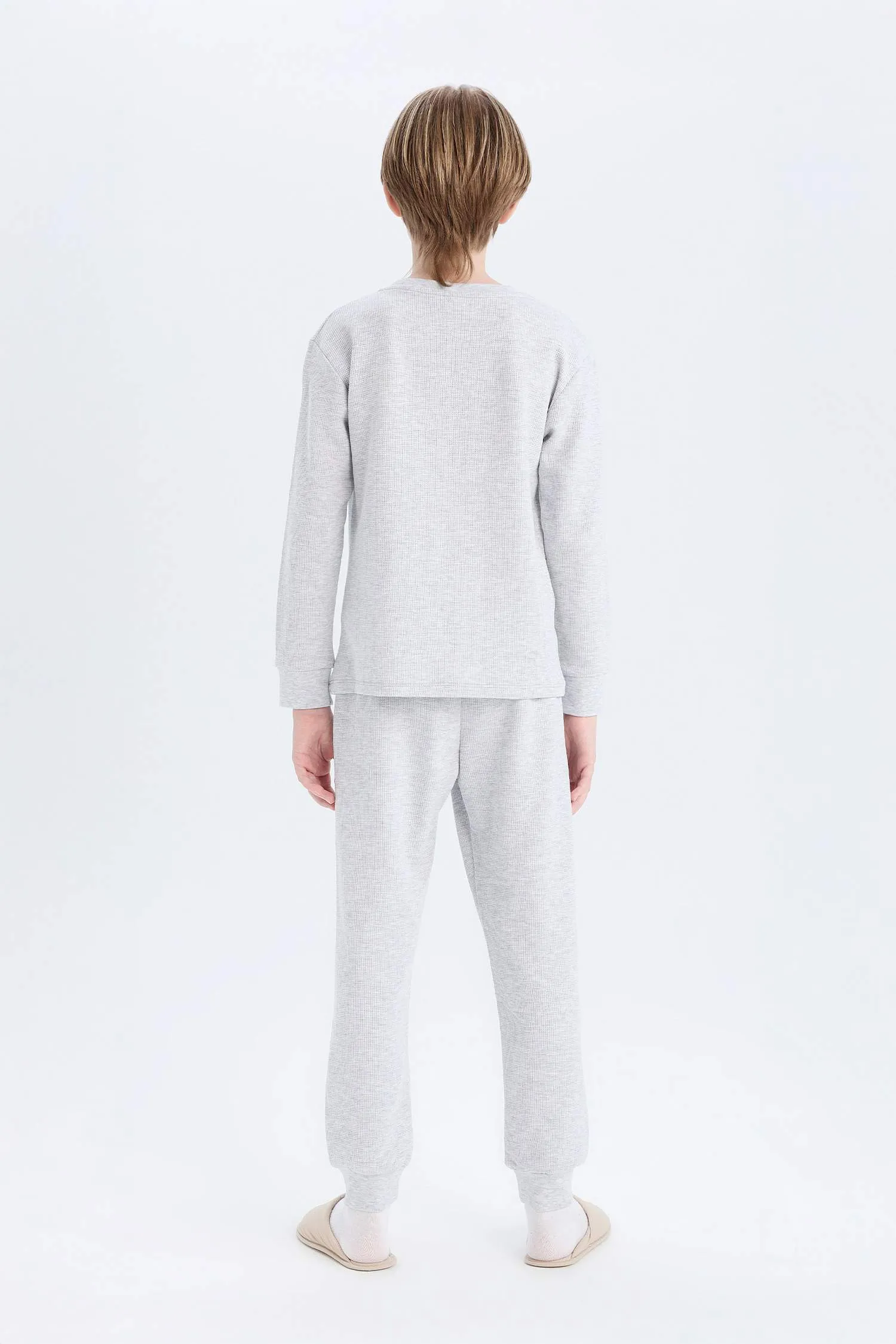 Boy Waffle Crew Neck Top Bottom 2 Piece Pajama Set