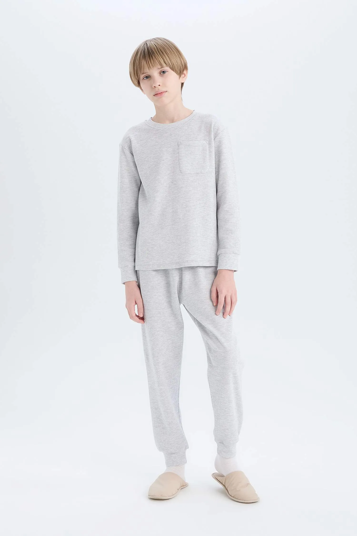Boy Waffle Crew Neck Top Bottom 2 Piece Pajama Set