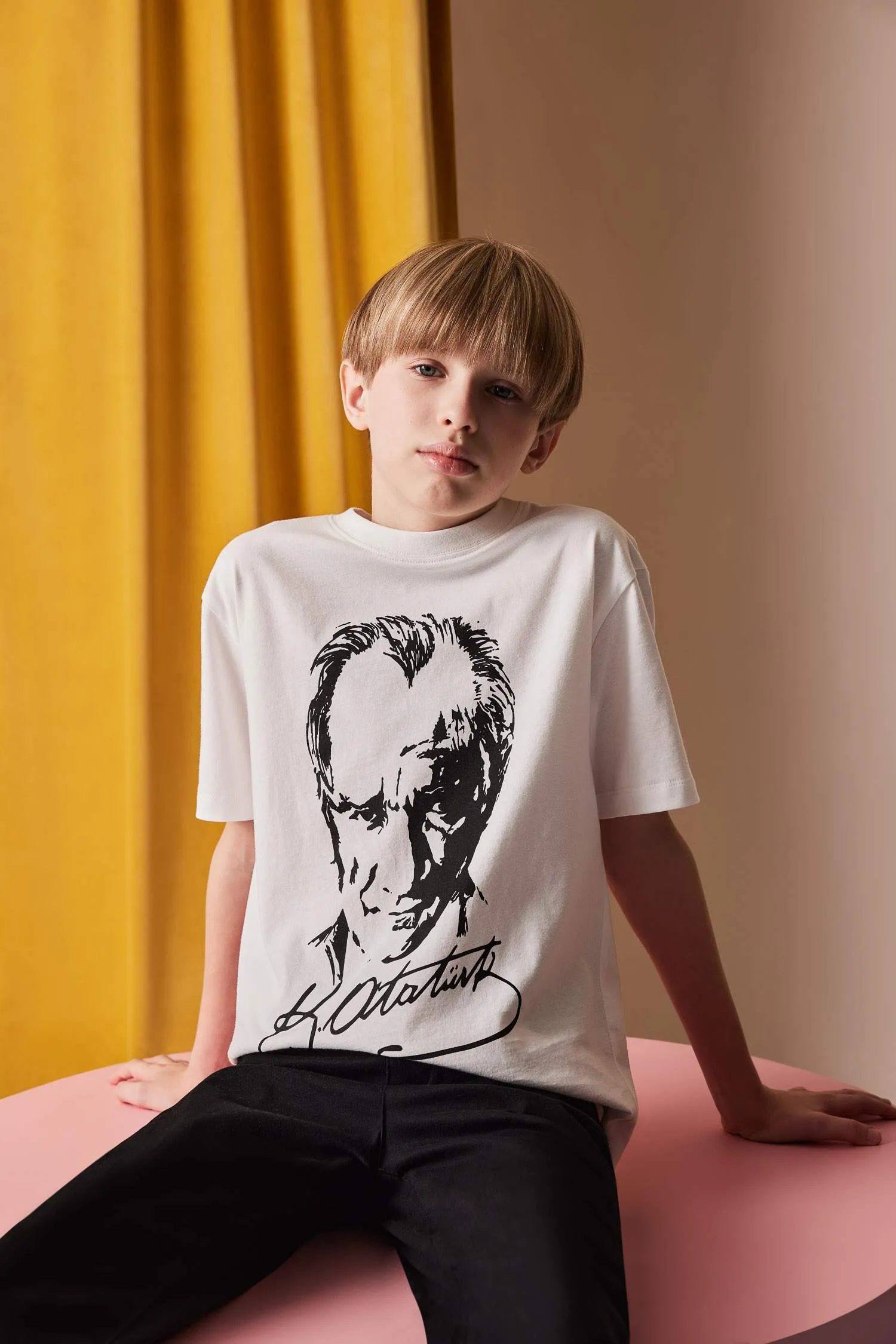 Boys 23 April Children's Day Cycling Collar Atatürk Printed Short Sleeve T-shirt
