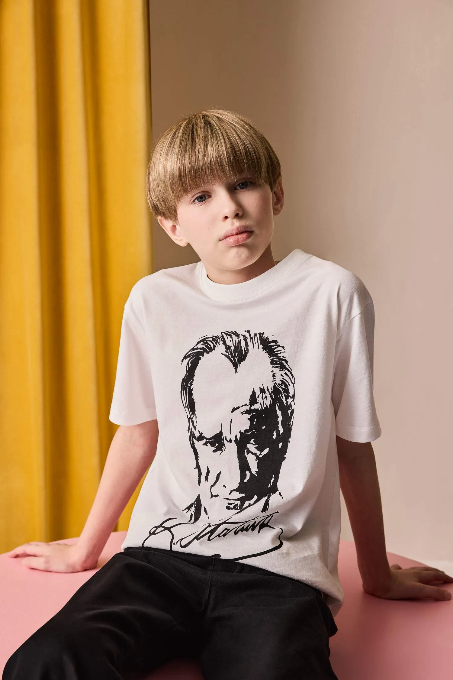 Boys 23 April Children's Day Cycling Collar Atatürk Printed Short Sleeve T-shirt