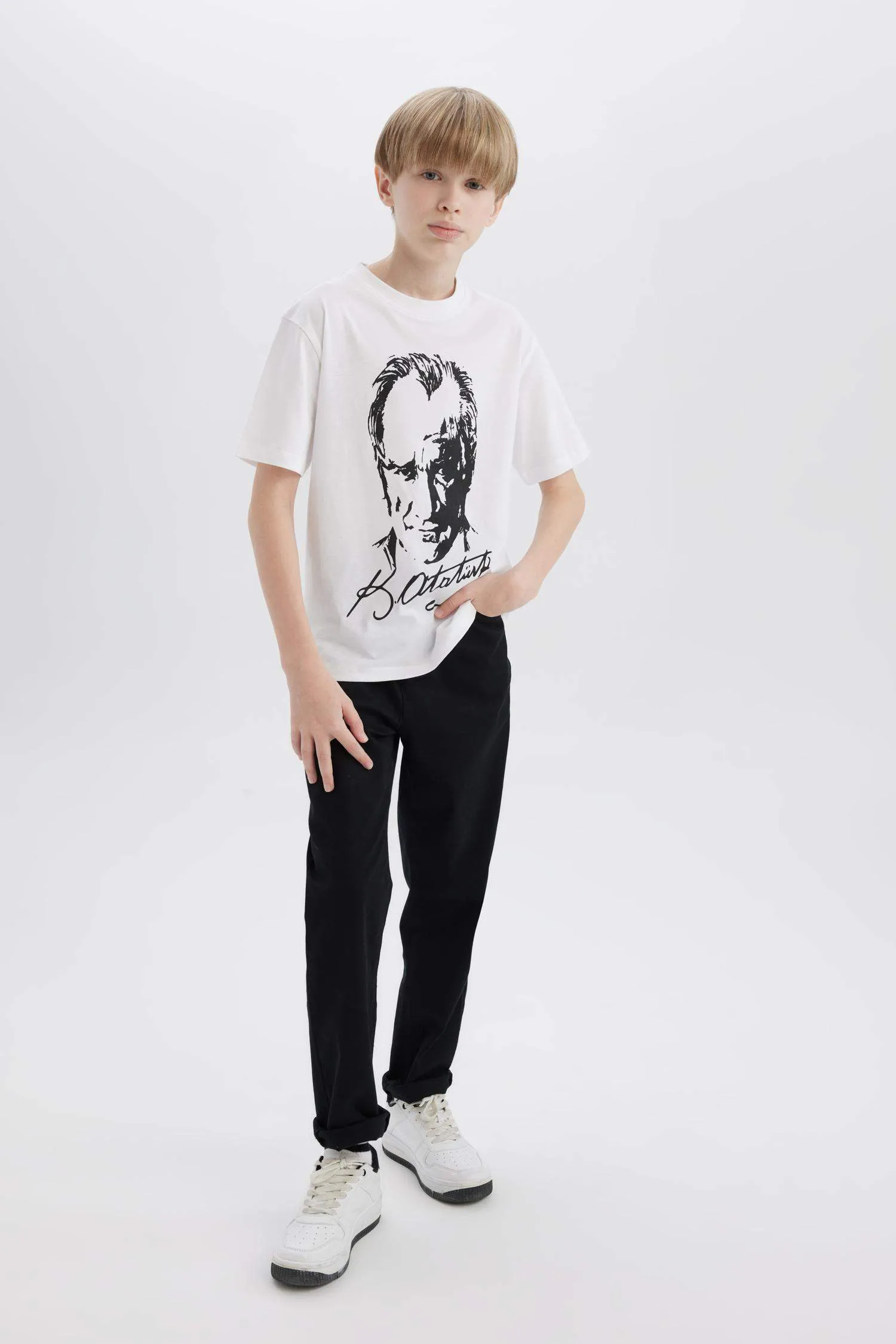 Boys 23 April Children's Day Cycling Collar Atatürk Printed Short Sleeve T-shirt