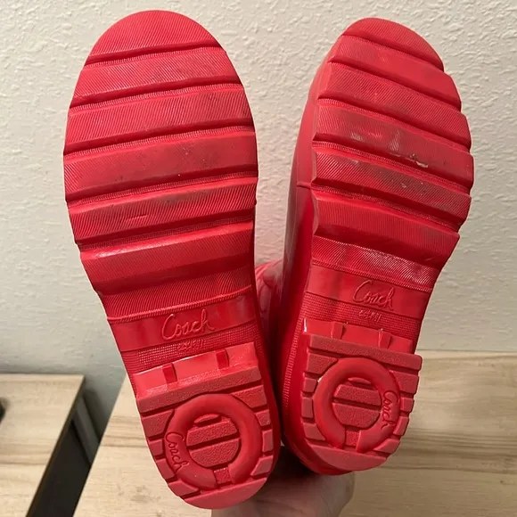 COACH Red Rubber Rain Boot - Pearl Signature Monogram New York Women's size 6
