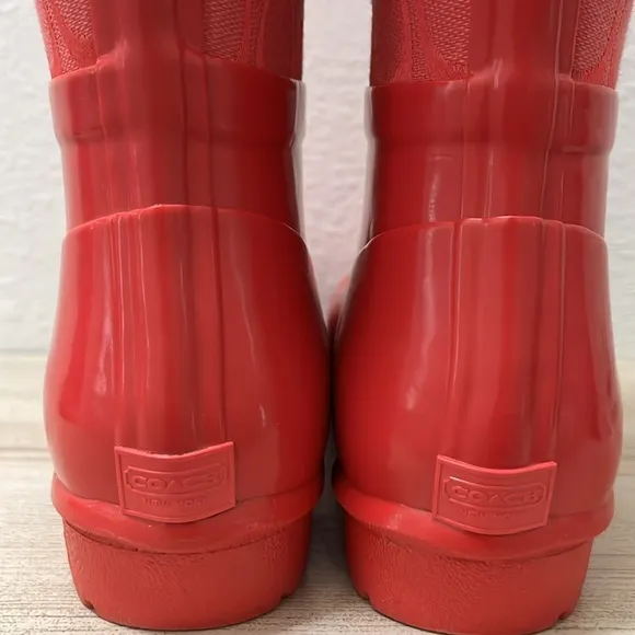 COACH Red Rubber Rain Boot - Pearl Signature Monogram New York Women's size 6