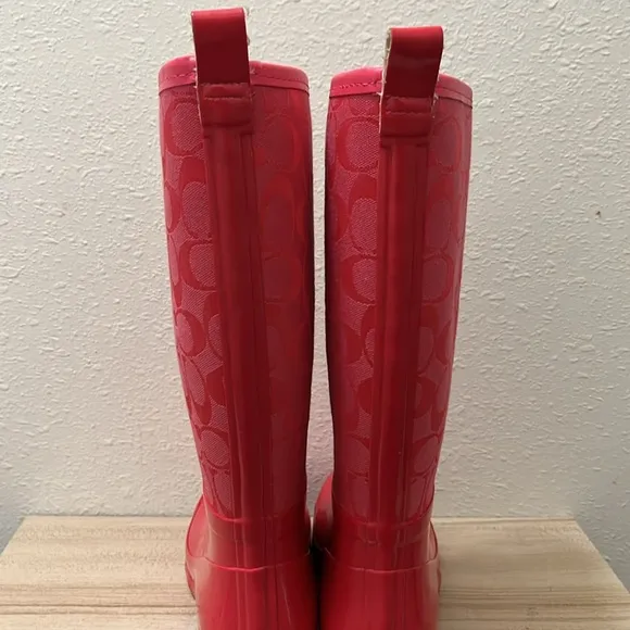 COACH Red Rubber Rain Boot - Pearl Signature Monogram New York Women's size 6