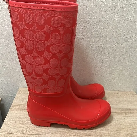 COACH Red Rubber Rain Boot - Pearl Signature Monogram New York Women's size 6
