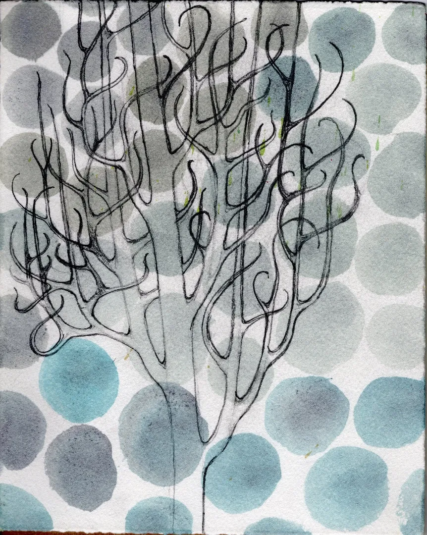 Curly Tree Original Watercolor/Guache Painting by Nancy Tobin - Small Abstract Landscape