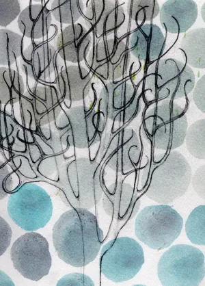 Curly Tree Original Watercolor/Guache Painting by Nancy Tobin - Small Abstract Landscape