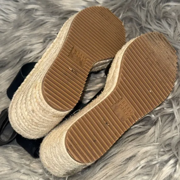 Eileen Fisher Willow Tumbled Leather Wedge Espadrille Black Cream Size 7.5