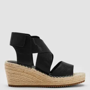 Eileen Fisher Willow Tumbled Leather Wedge Espadrille Black Cream Size 7.5