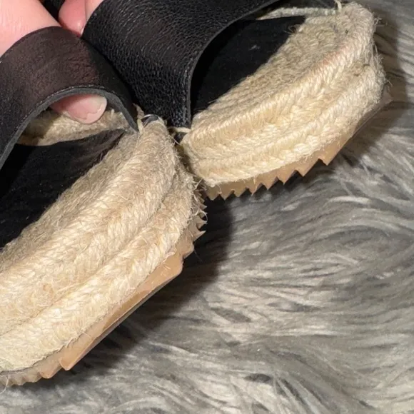 Eileen Fisher Willow Tumbled Leather Wedge Espadrille Black Cream Size 7.5