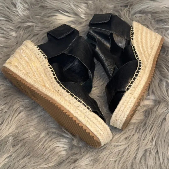 Eileen Fisher Willow Tumbled Leather Wedge Espadrille Black Cream Size 7.5