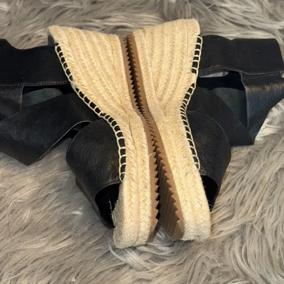 Eileen Fisher Willow Tumbled Leather Wedge Espadrille Black Cream Size 7.5