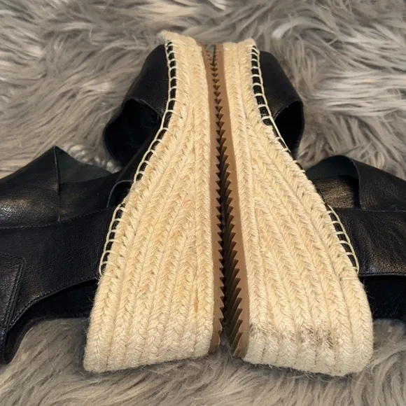 Eileen Fisher Willow Tumbled Leather Wedge Espadrille Black Cream Size 7.5