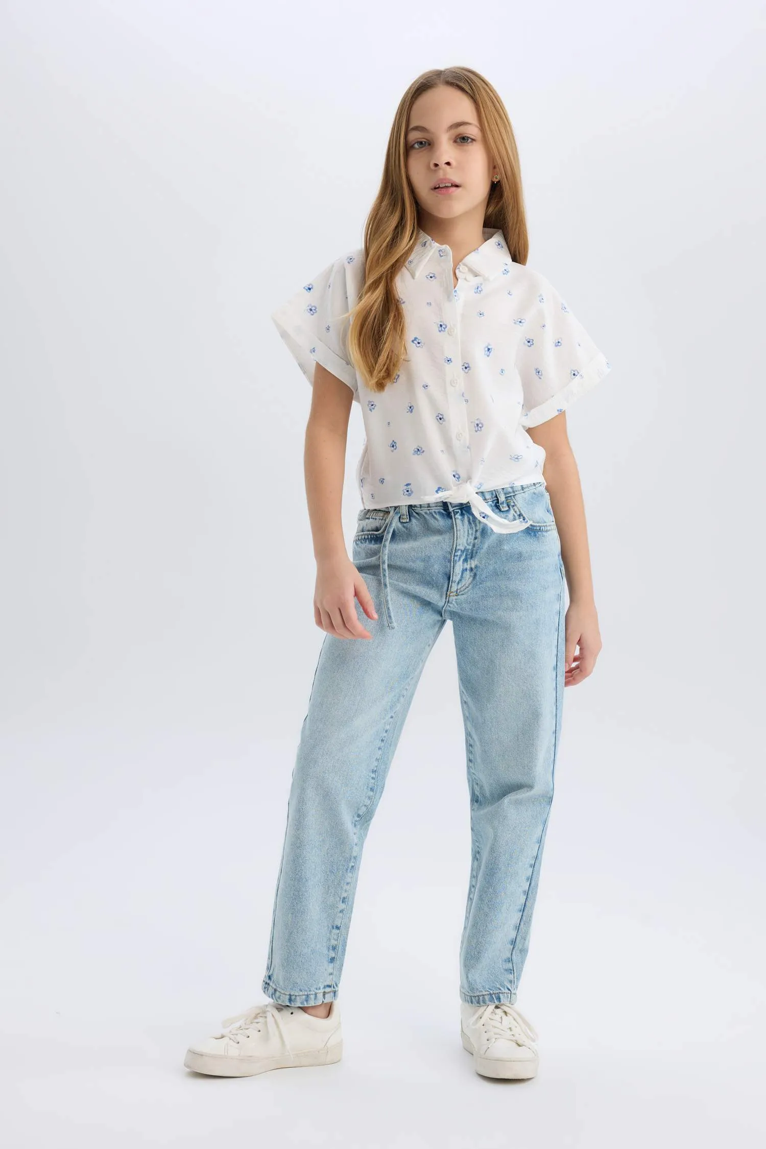 Girl Patterned Tie Detailed Crop Shirt