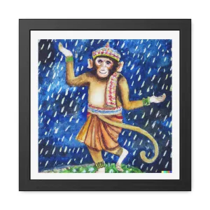 Hanuman Monkey Enjoying Night Rain Framed Poster Wall Art