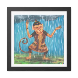 Hanuman Monkey Enjoying Rain Framed Poster Wall Art