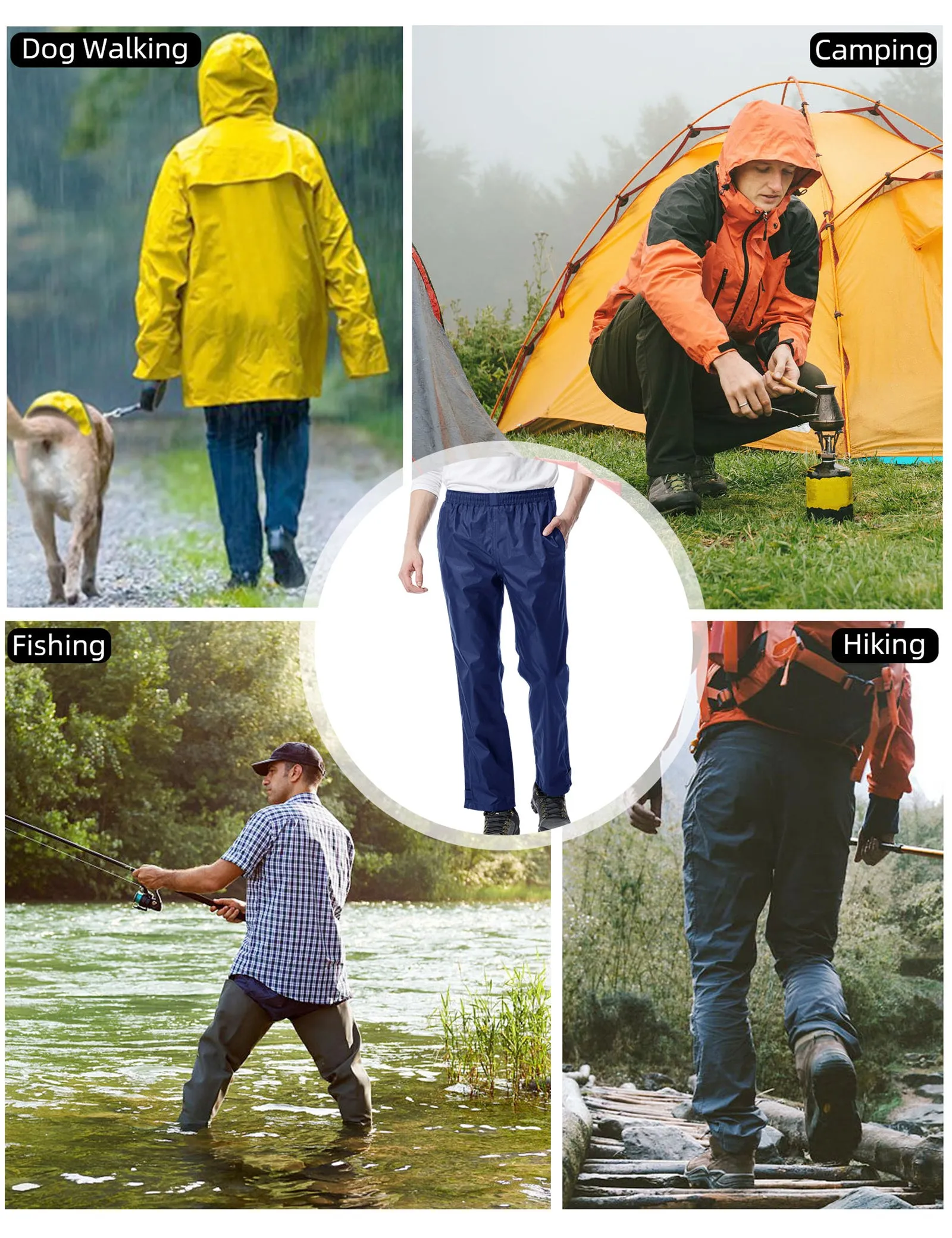 iCreek Men's Rain Pants Waterproof Over Pants Windproof Lightweight Hiking Pants Work Rain Outdoor for Golf, Fishing（Black with Zipper Pocket)）