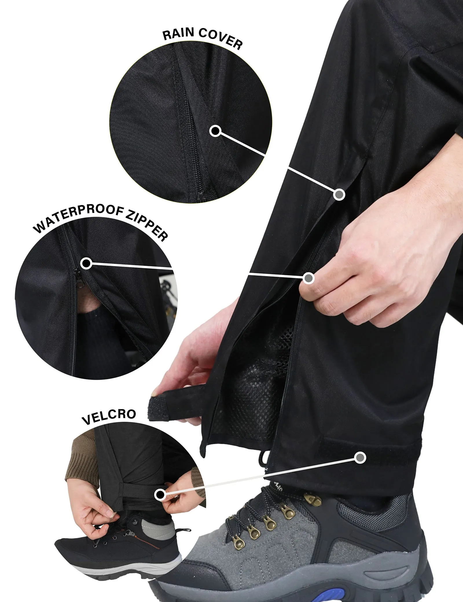iCreek Men's Rain Pants Waterproof Over Pants Windproof Lightweight Hiking Pants Work Rain Outdoor for Golf, Fishing（Black with Zipper Pocket)）