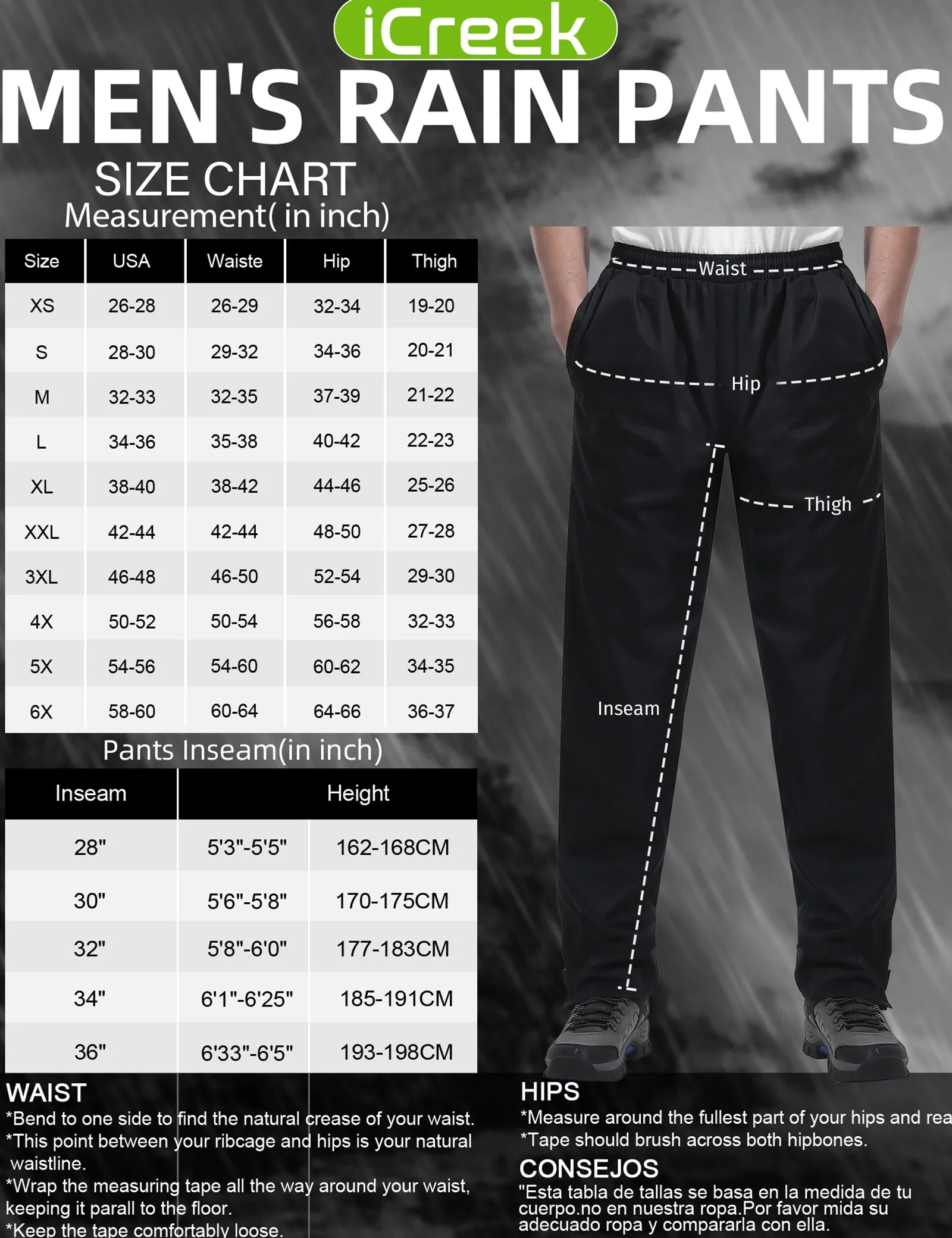 iCreek Men's Rain Pants Waterproof Over Pants Windproof Lightweight Hiking Pants Work Rain Outdoor for Golf, Fishing（Black with Zipper Pocket)）