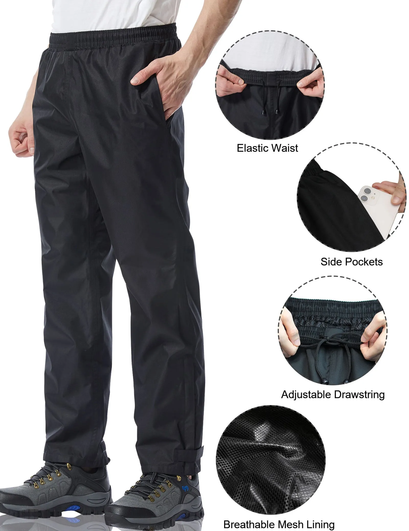 iCreek Men's Rain Pants Waterproof Over Pants Windproof Lightweight Hiking Pants Work Rain Outdoor for Golf, Fishing（Black with Zipper Pocket)）