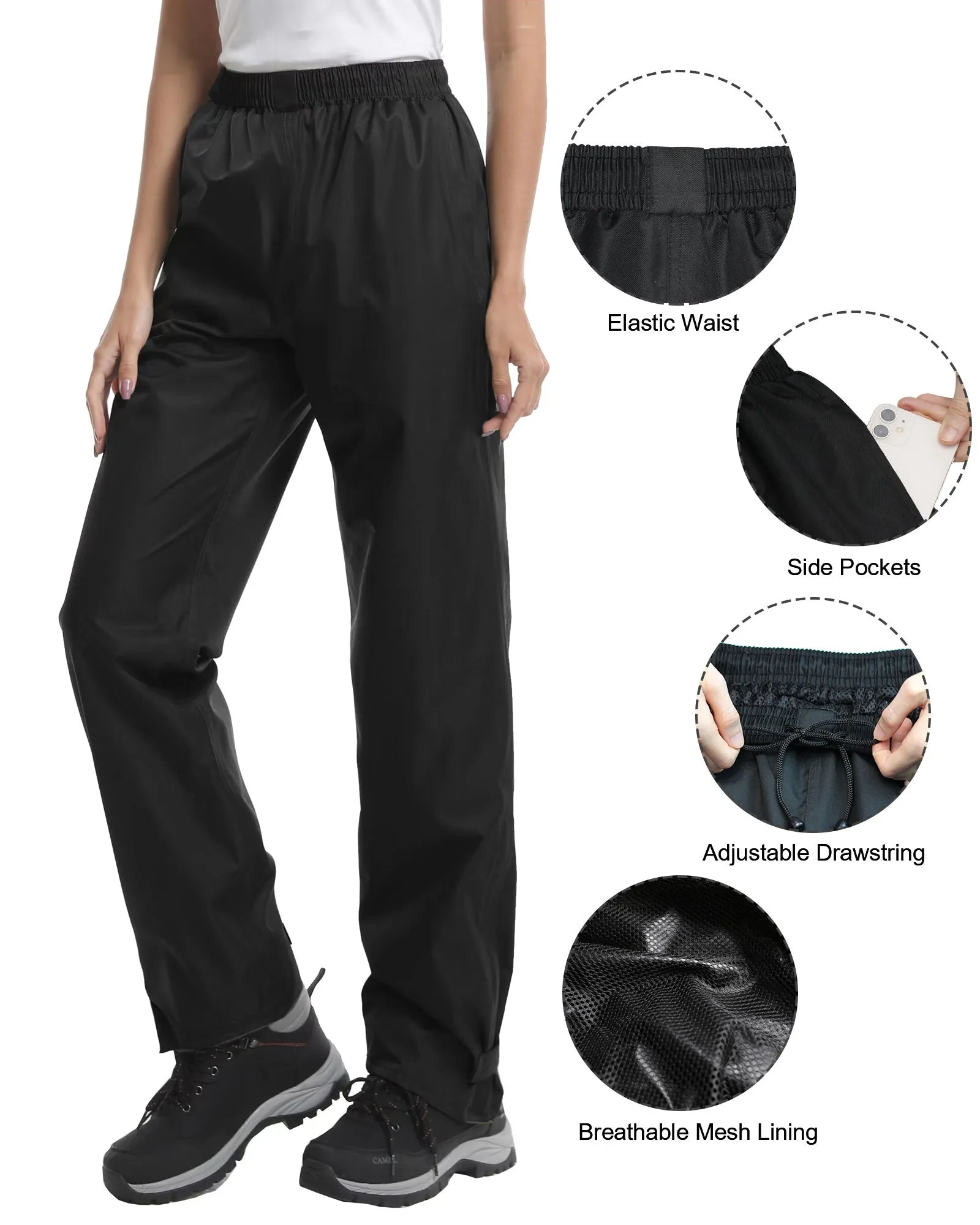 iCreek Women's Rain Pants Waterproof Hiking Pants Windproof Lightweight Over Pants Work Rain Outdoor for Golf, Fishing（Black）