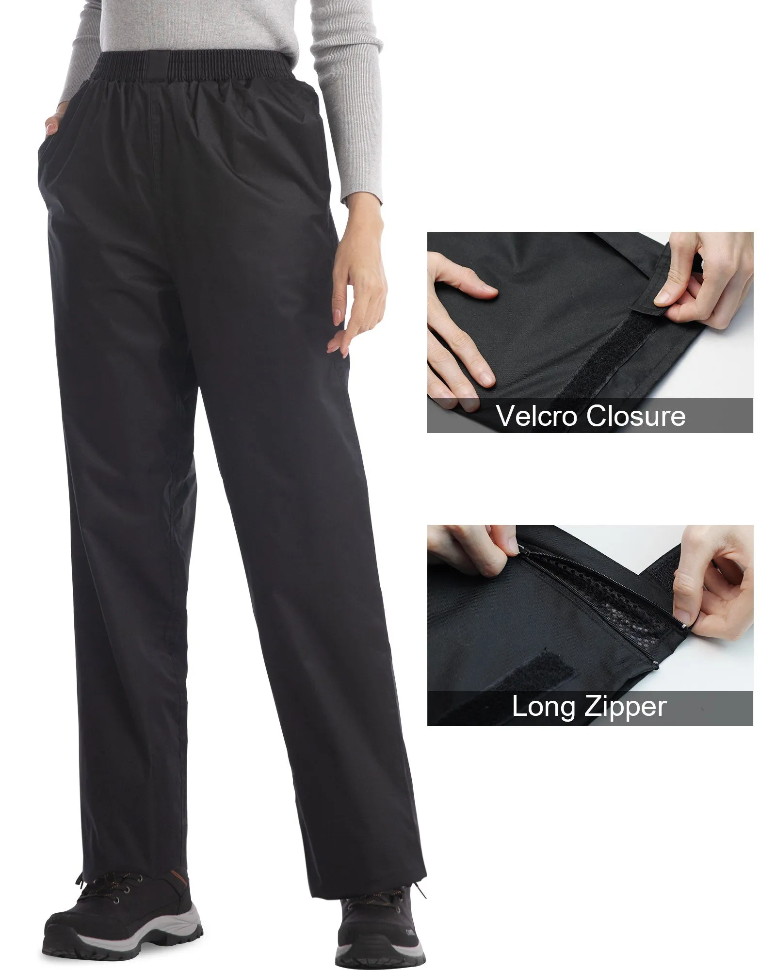 iCreek Women's Rain Pants Waterproof Hiking Pants Windproof Lightweight Over Pants Work Rain Outdoor for Golf, Fishing（Black）
