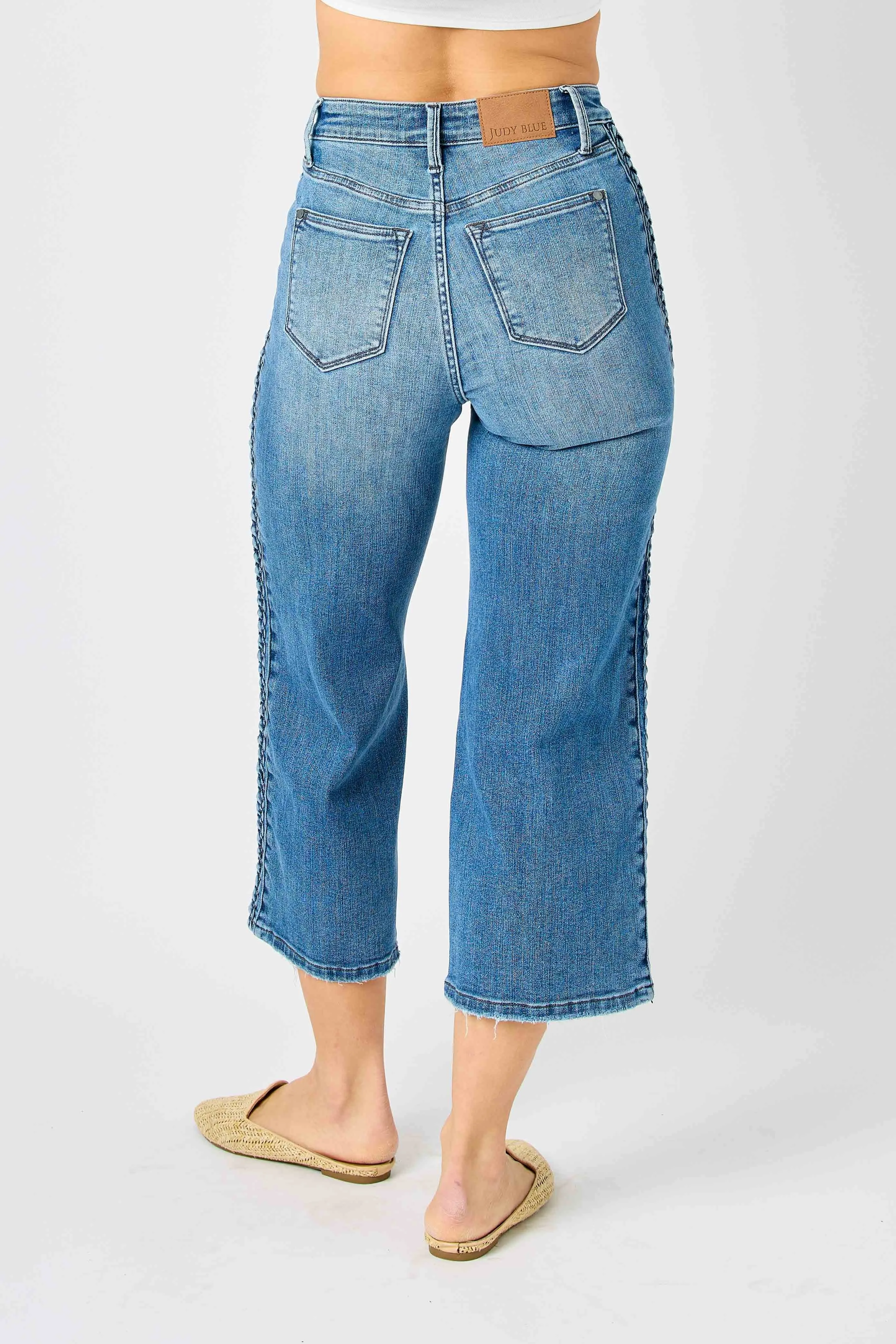 JUDY BLUE BRAIDED WIDE CROP MEDIUM WASH JEANS / STUFFOLOGY BOUTIQUE