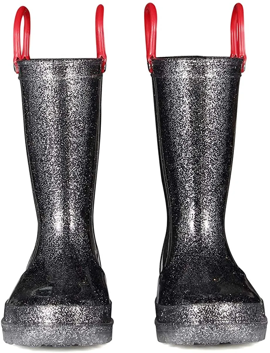 Kids Girls Light Rain Boots Solid Glitter Black with Led - KKOMFORME
