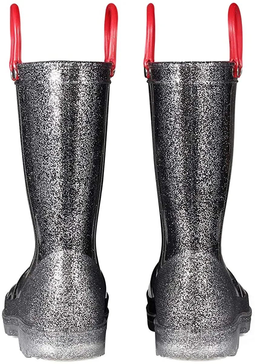 Kids Girls Light Rain Boots Solid Glitter Black with Led - KKOMFORME