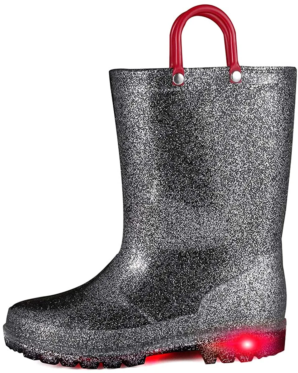 Kids Girls Light Rain Boots Solid Glitter Black with Led - KKOMFORME