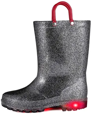 Kids Girls Light Rain Boots Solid Glitter Black with Led - KKOMFORME