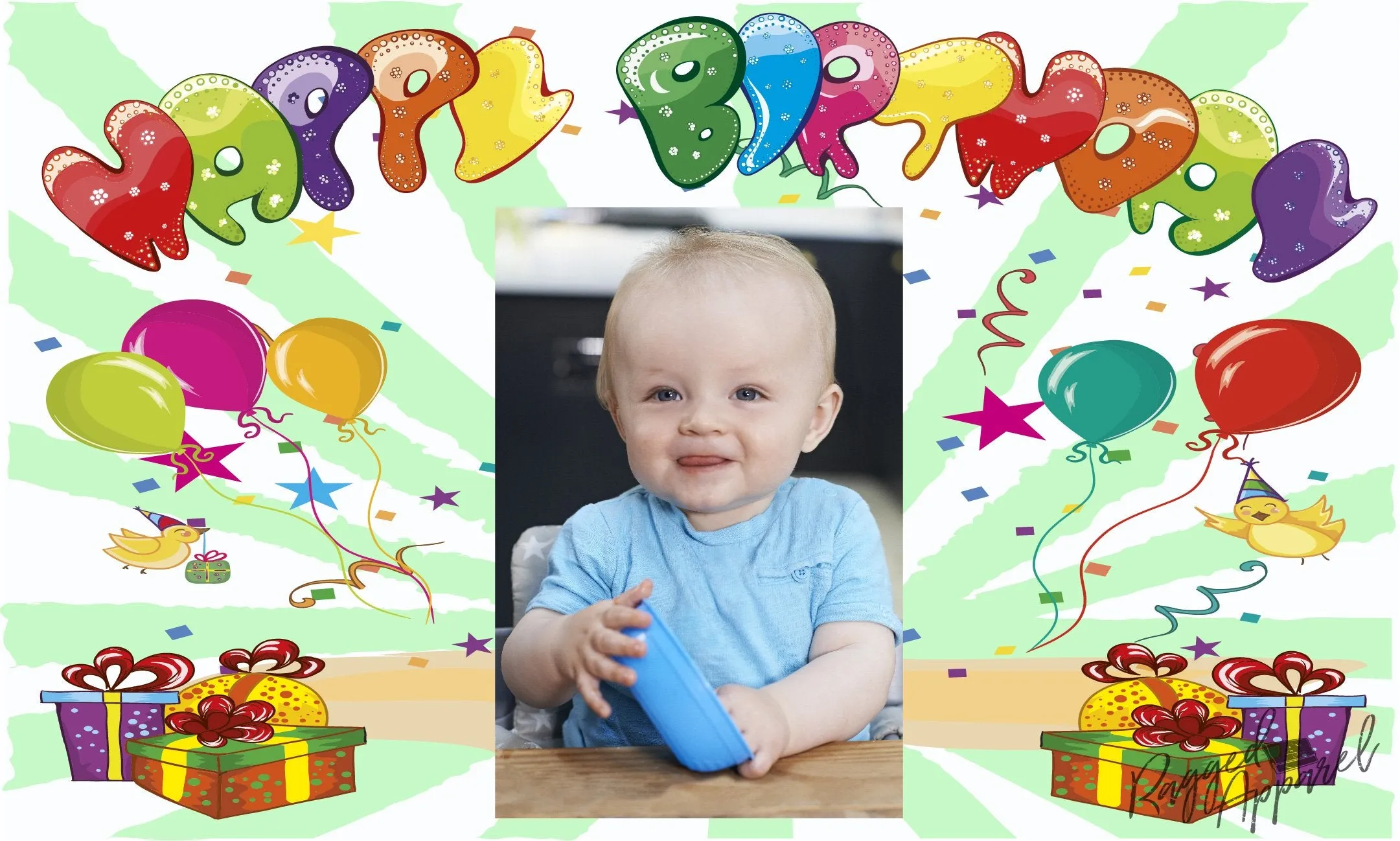 Kids Photo Birthday Banner With Balloons and Presents