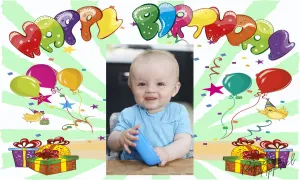Kids Photo Birthday Banner With Balloons and Presents